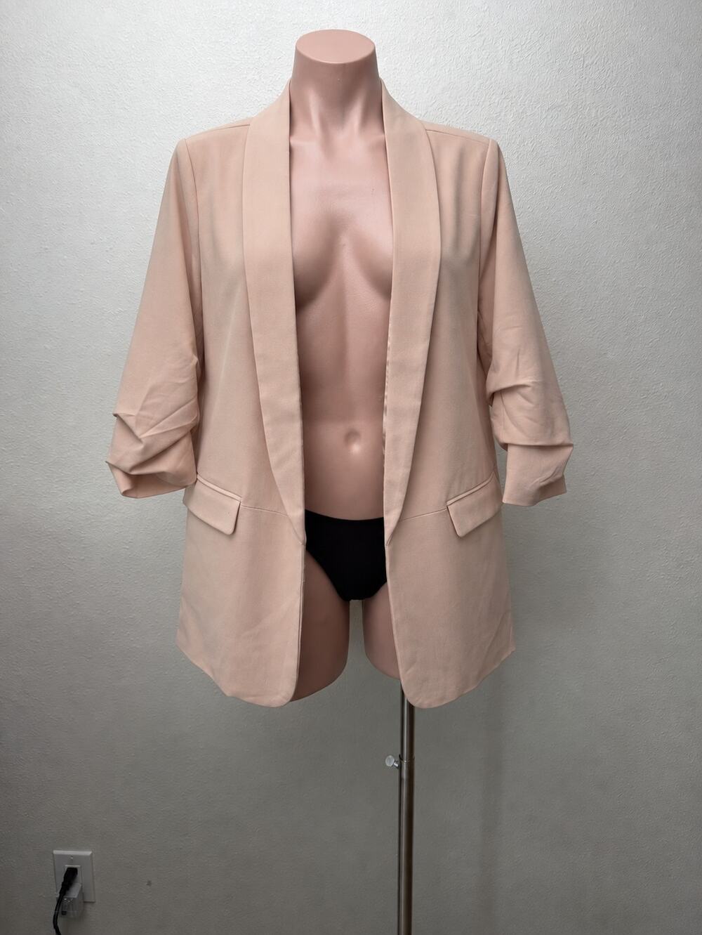 DR2 Dusty Peach Shawl Collar Ruched Sleeves Flap Pocket Casual Blazer